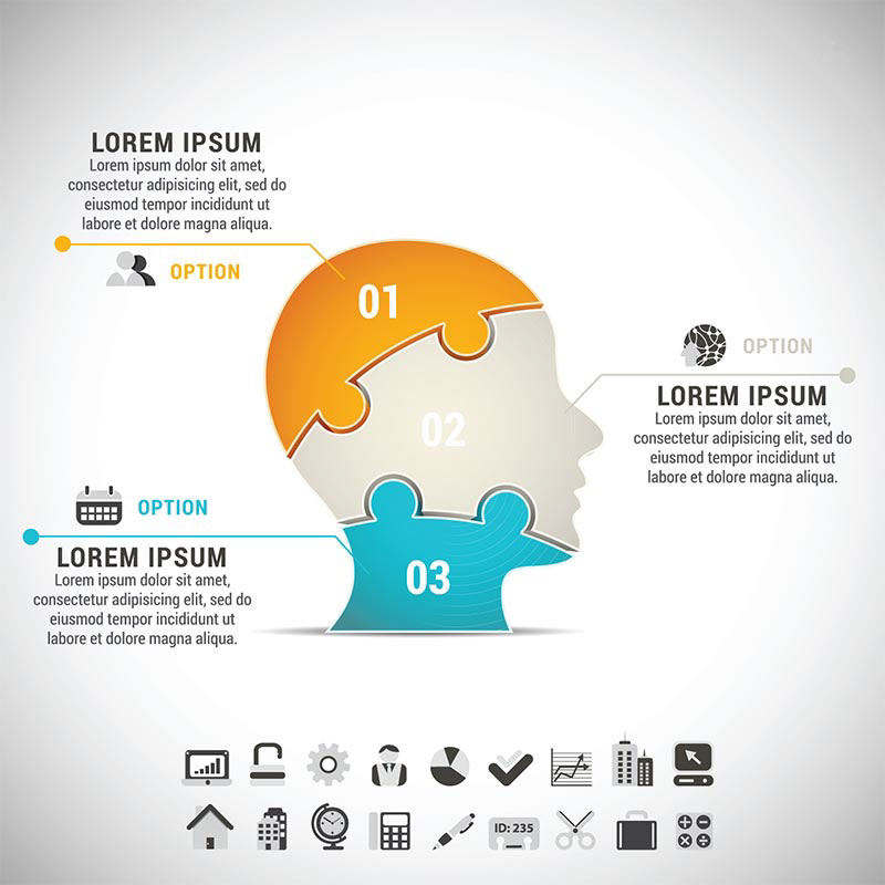 Colorful Puzzle Brain Vector: Infographic Elements and Icons